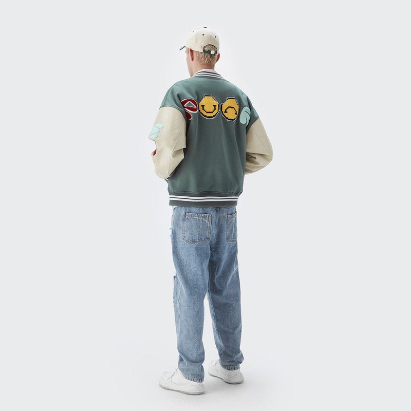 Poor Smiley Varsity Jacket - Emoji Leather Sleeves Jacket