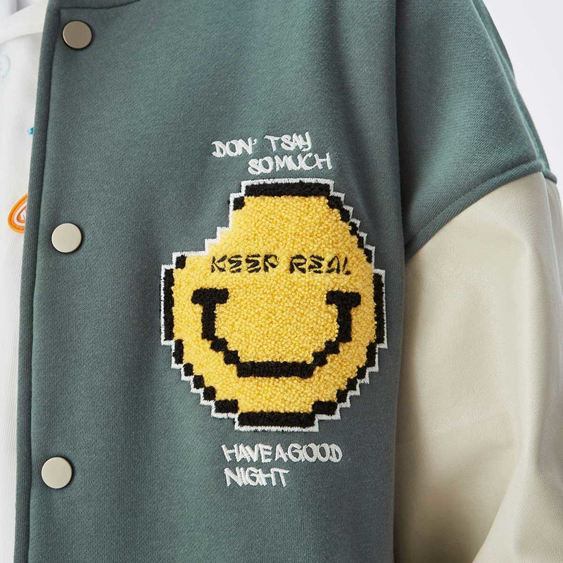 Poor Smiley Varsity Jacket - Emoji Leather Sleeves Jacket