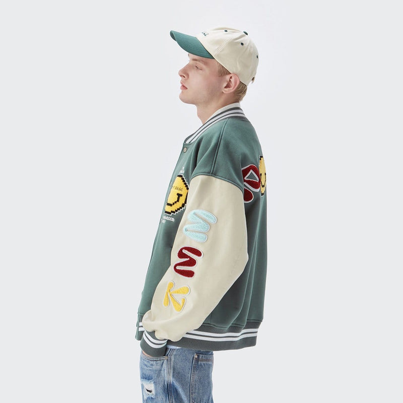 Poor Smiley Varsity Jacket - Emoji Leather Sleeves Jacket