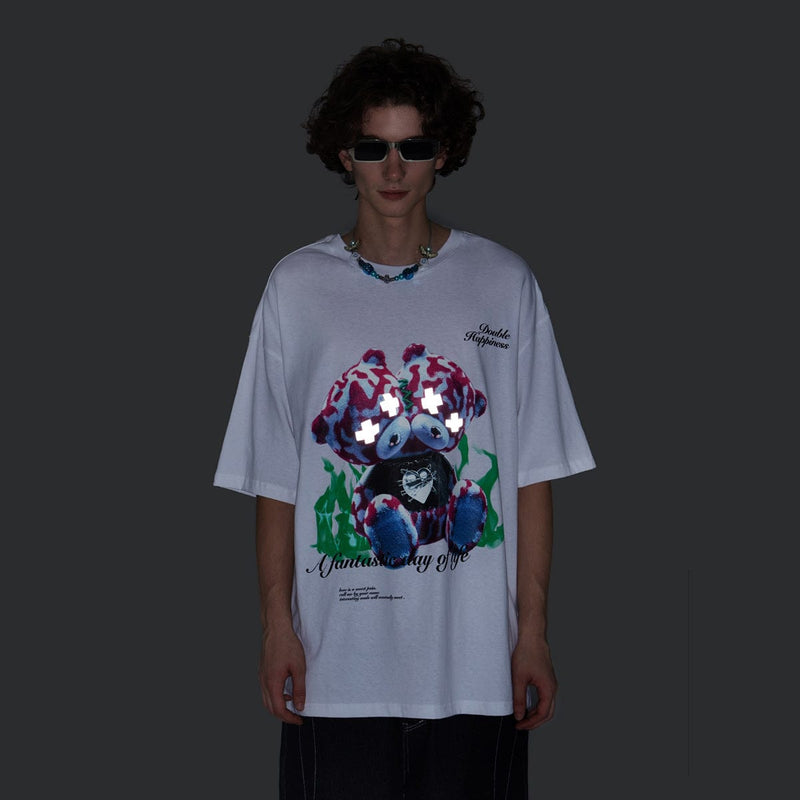 Reflective Trippy Bear T-Shirt - Party Oversized Tee - White