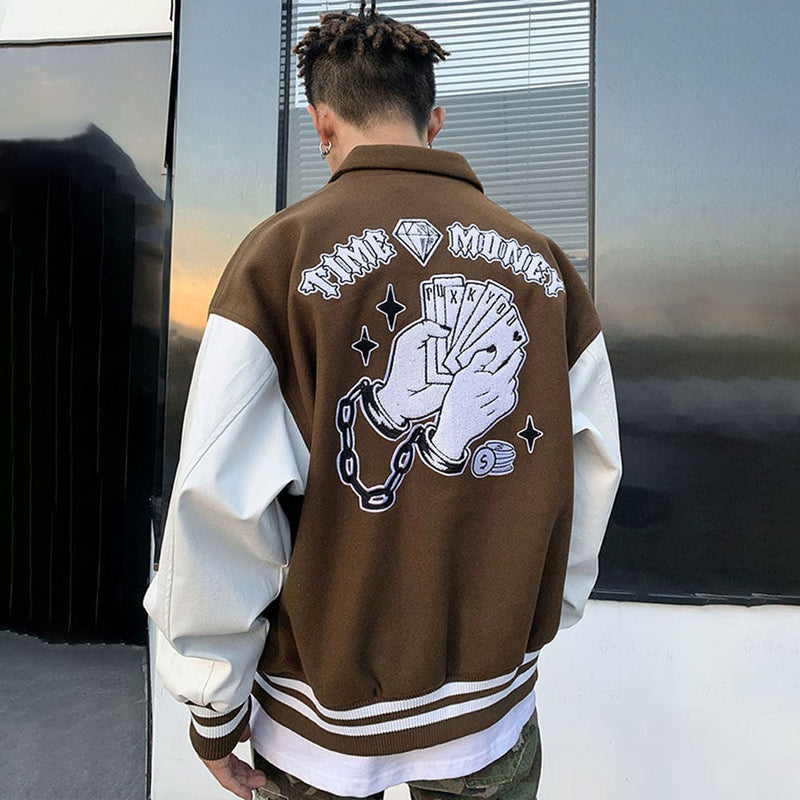Time is Money Varsity Jacket - Brown Letterman Jacket